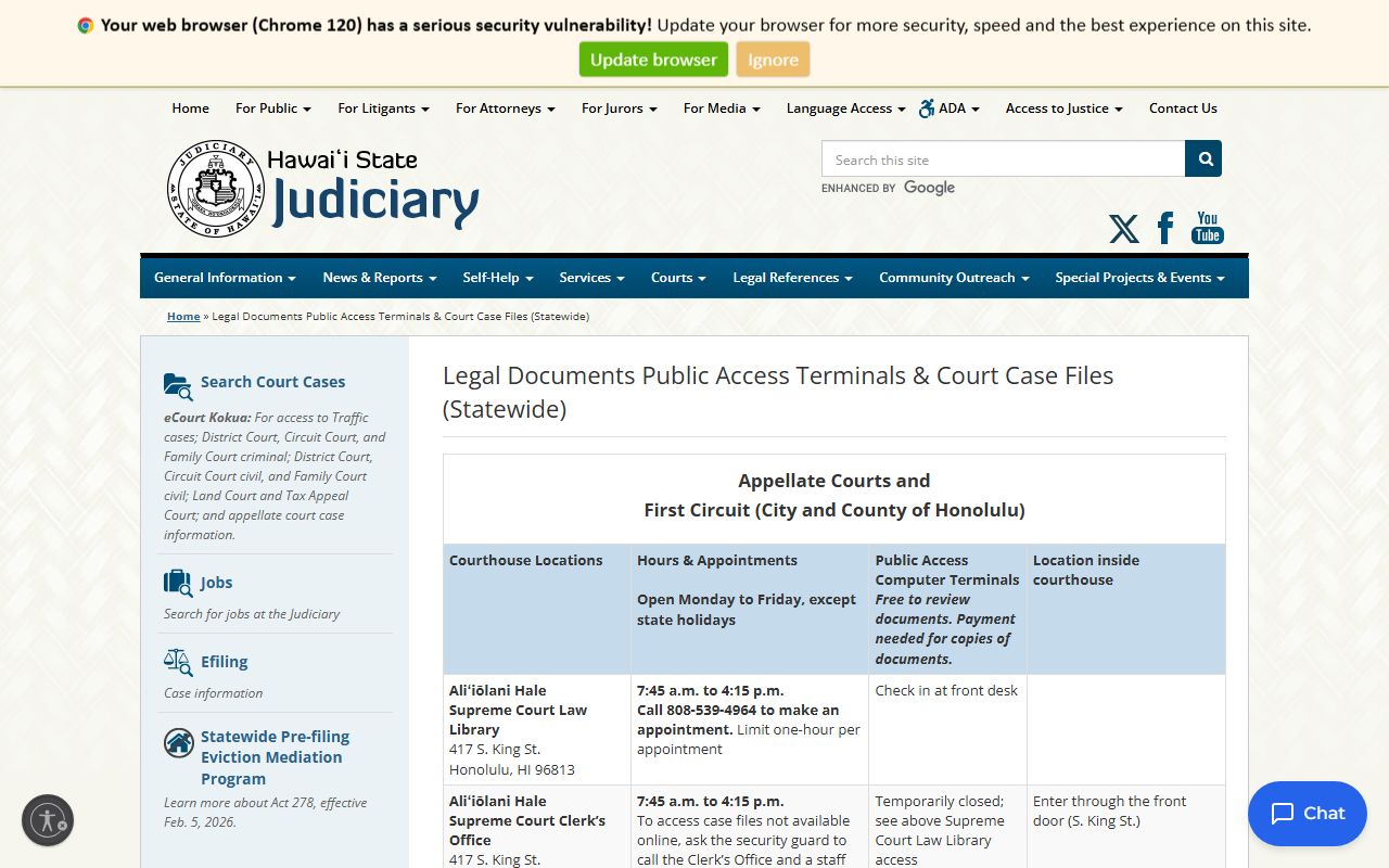 First Circuit Court Oahu public access terminals and court records information page