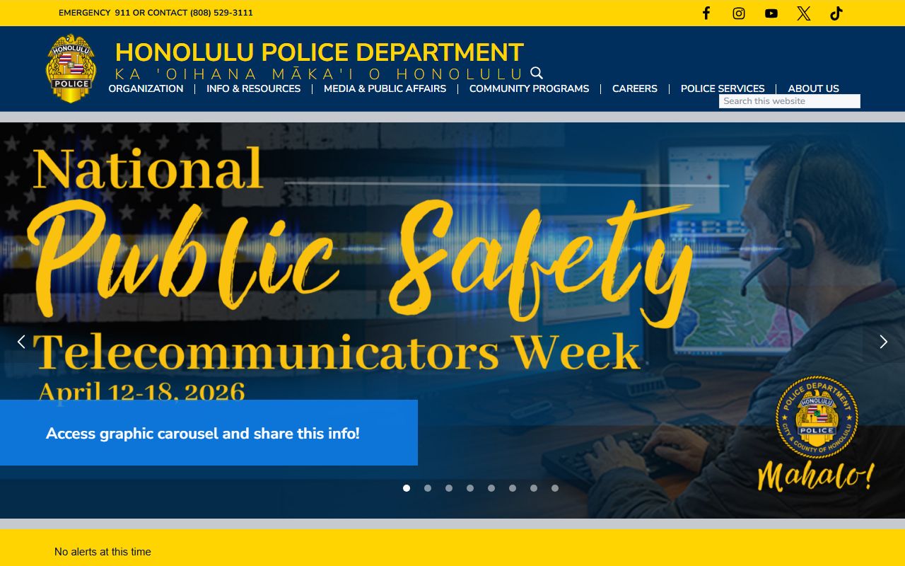 Honolulu Police Department main website showing criminal history records and police reports access