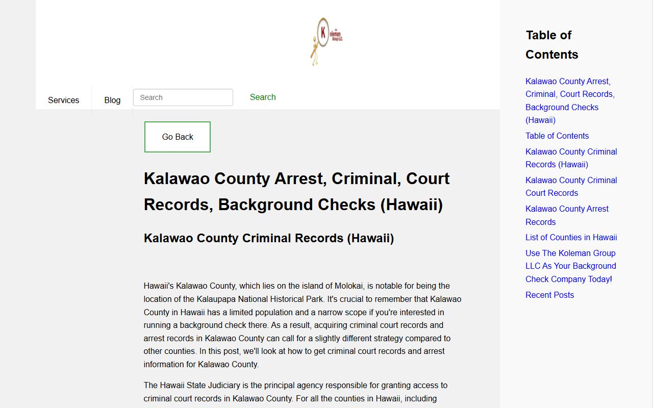 Kalawao County criminal records background check information from HCJDC