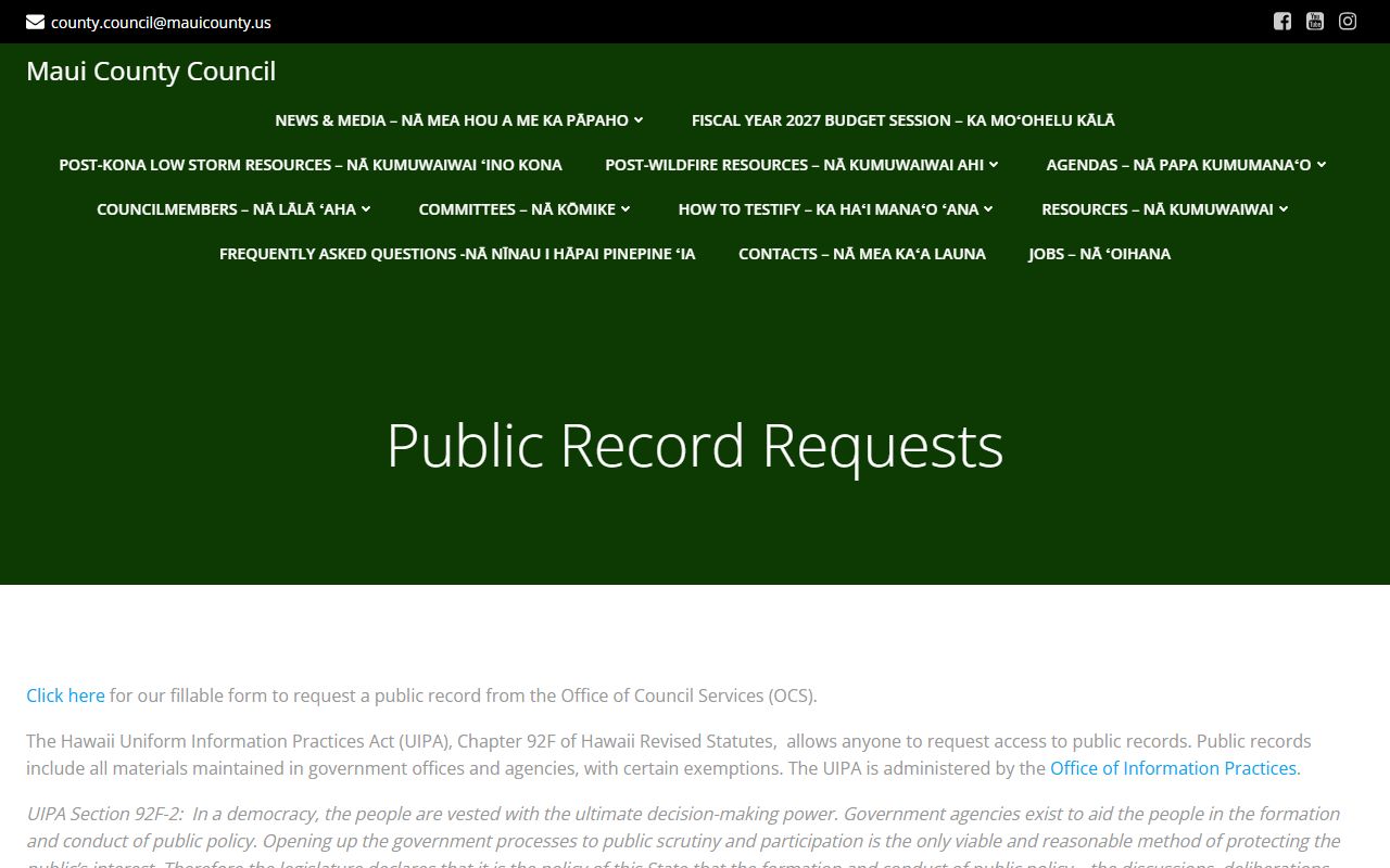 Maui County public records UIPA request information