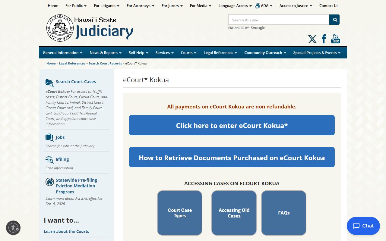 eCourt Kokua system availability Hawaii court records criminal history