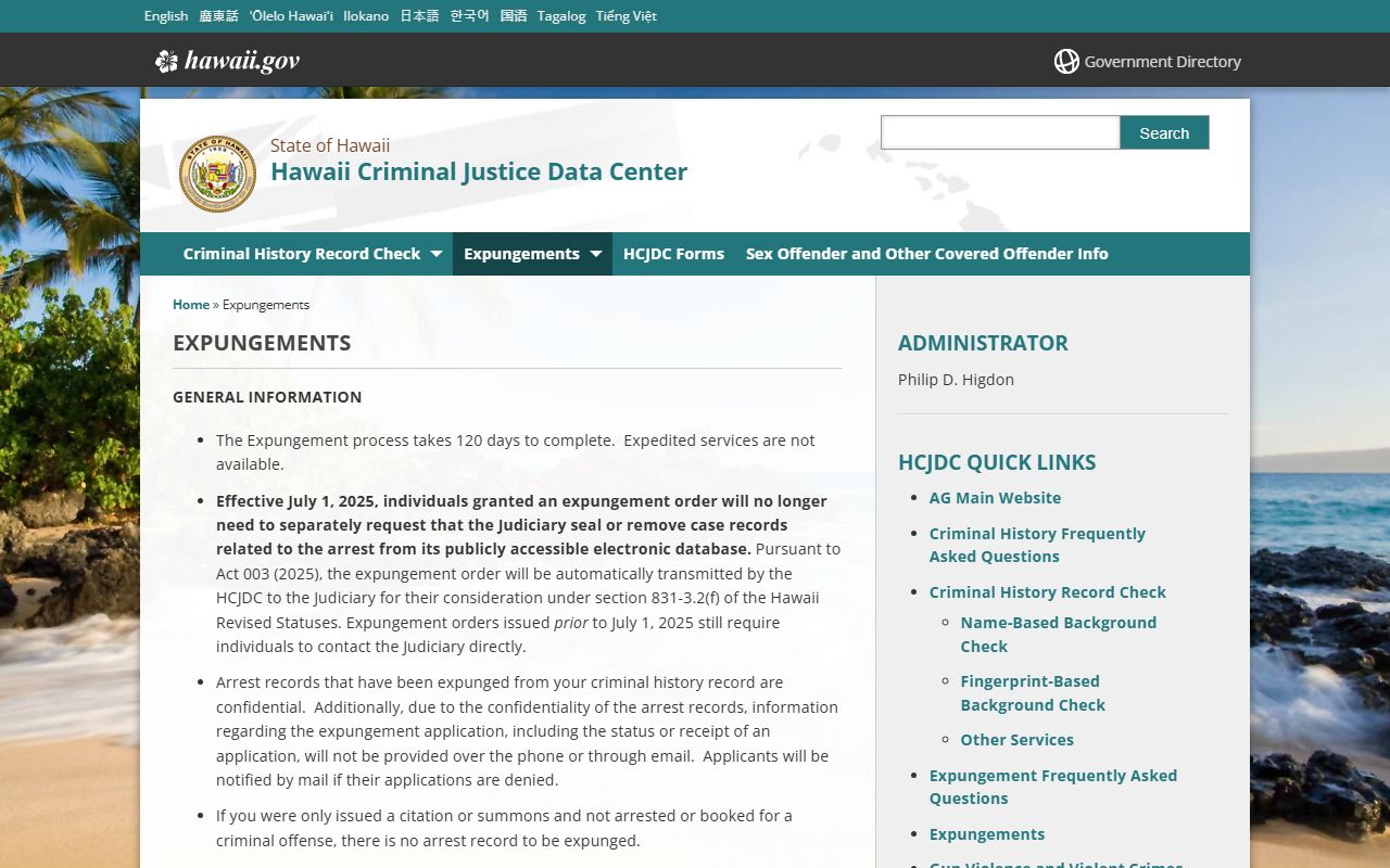 Hawaii criminal history expungements HCJDC process and eligibility