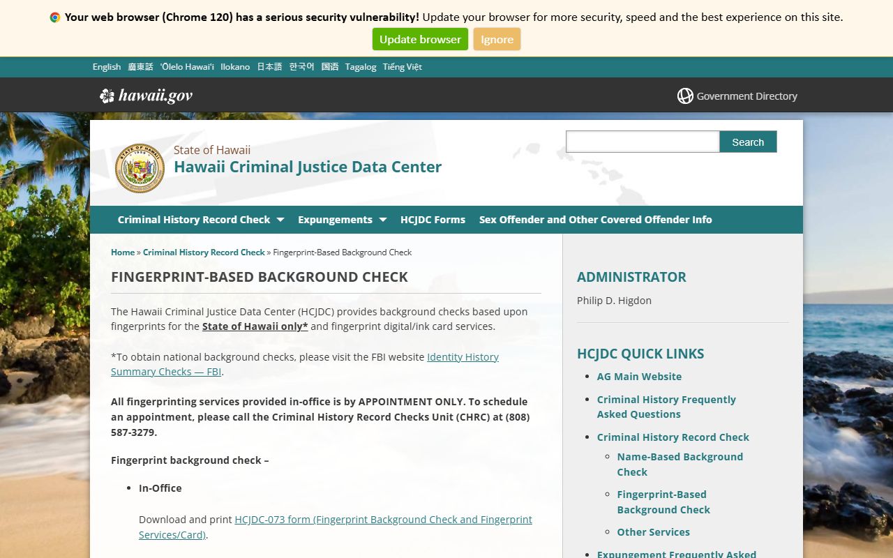 Hawaii fingerprint-based criminal history background check HCJDC