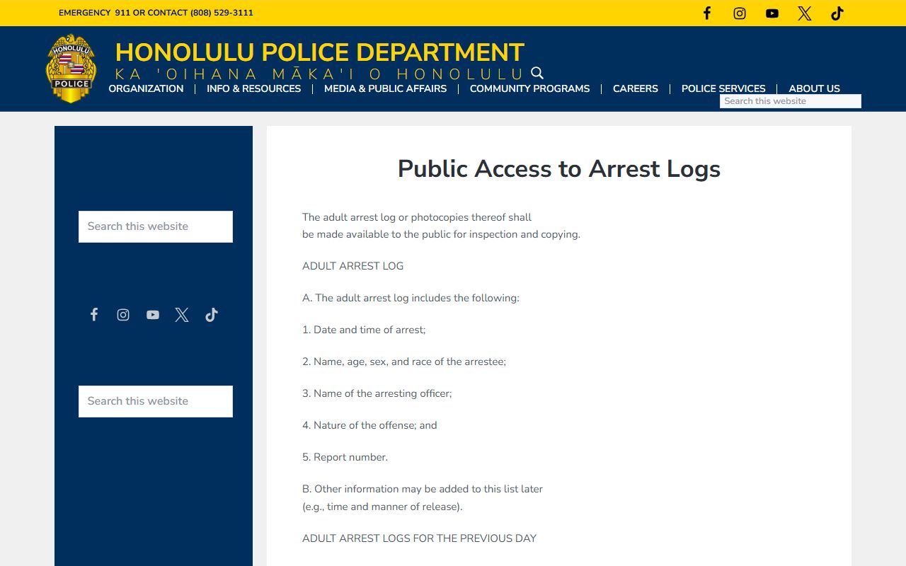 Honolulu Police Department arrest logs Hawaii criminal history
