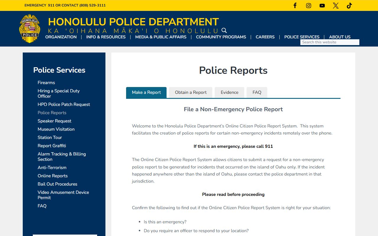 Honolulu Police Department police reports request system Hawaii