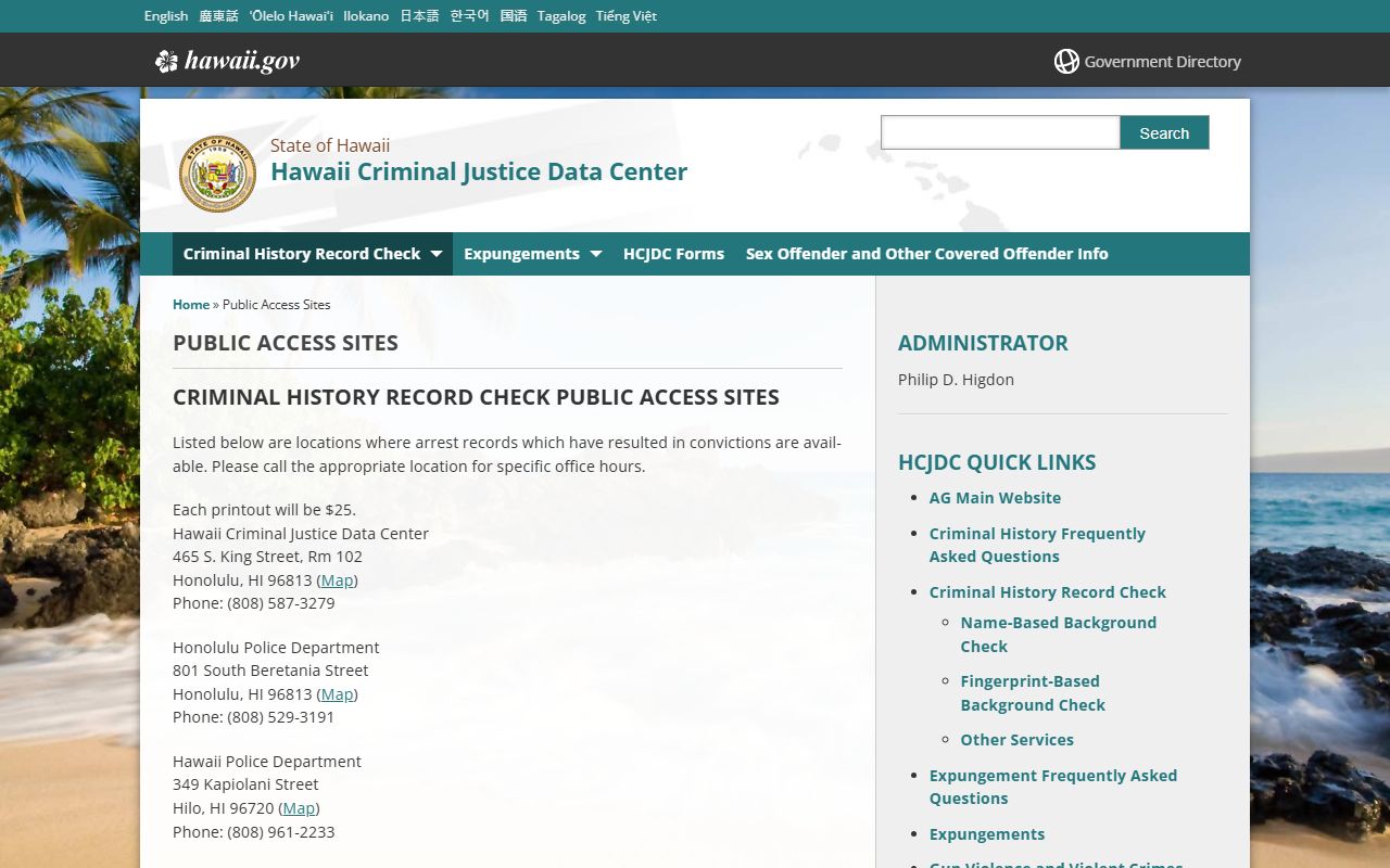 Public access sites Hawaii criminal history record check locations statewide