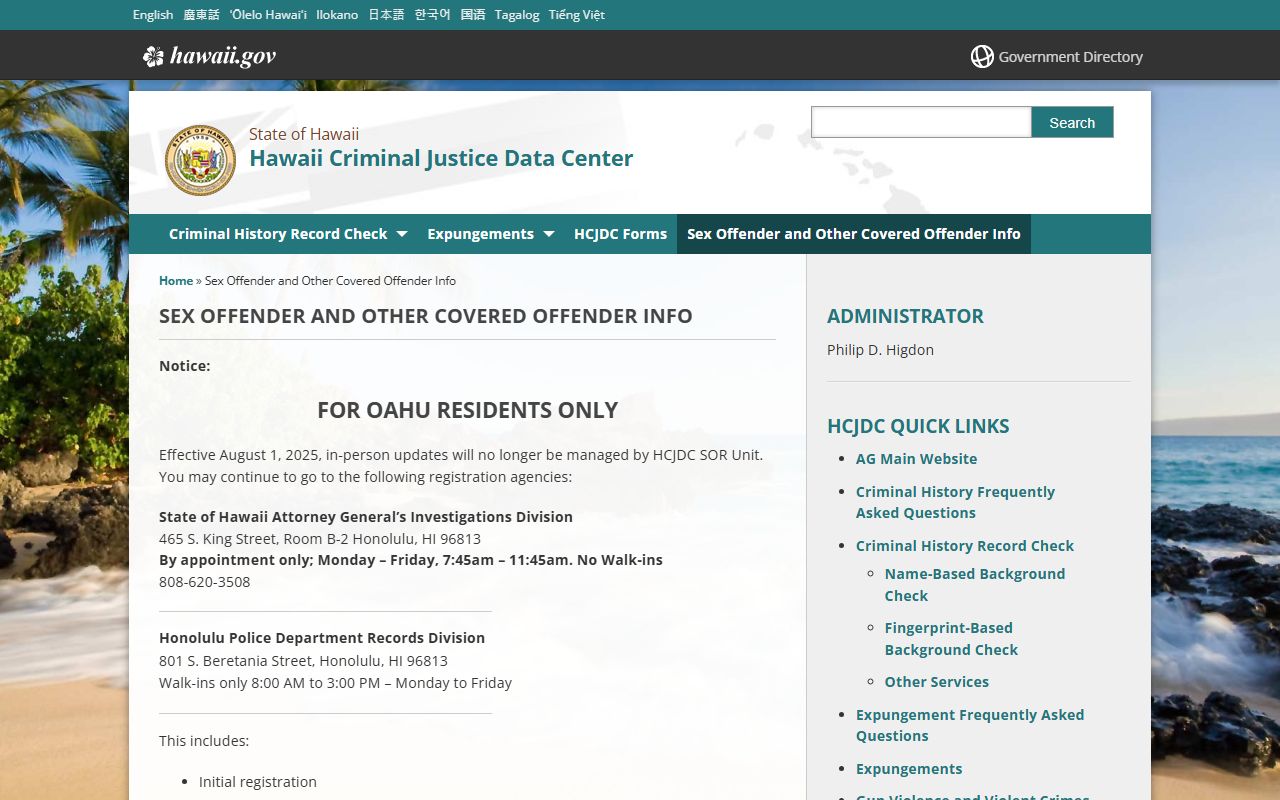 Hawaii sex offender and covered offender criminal history registry