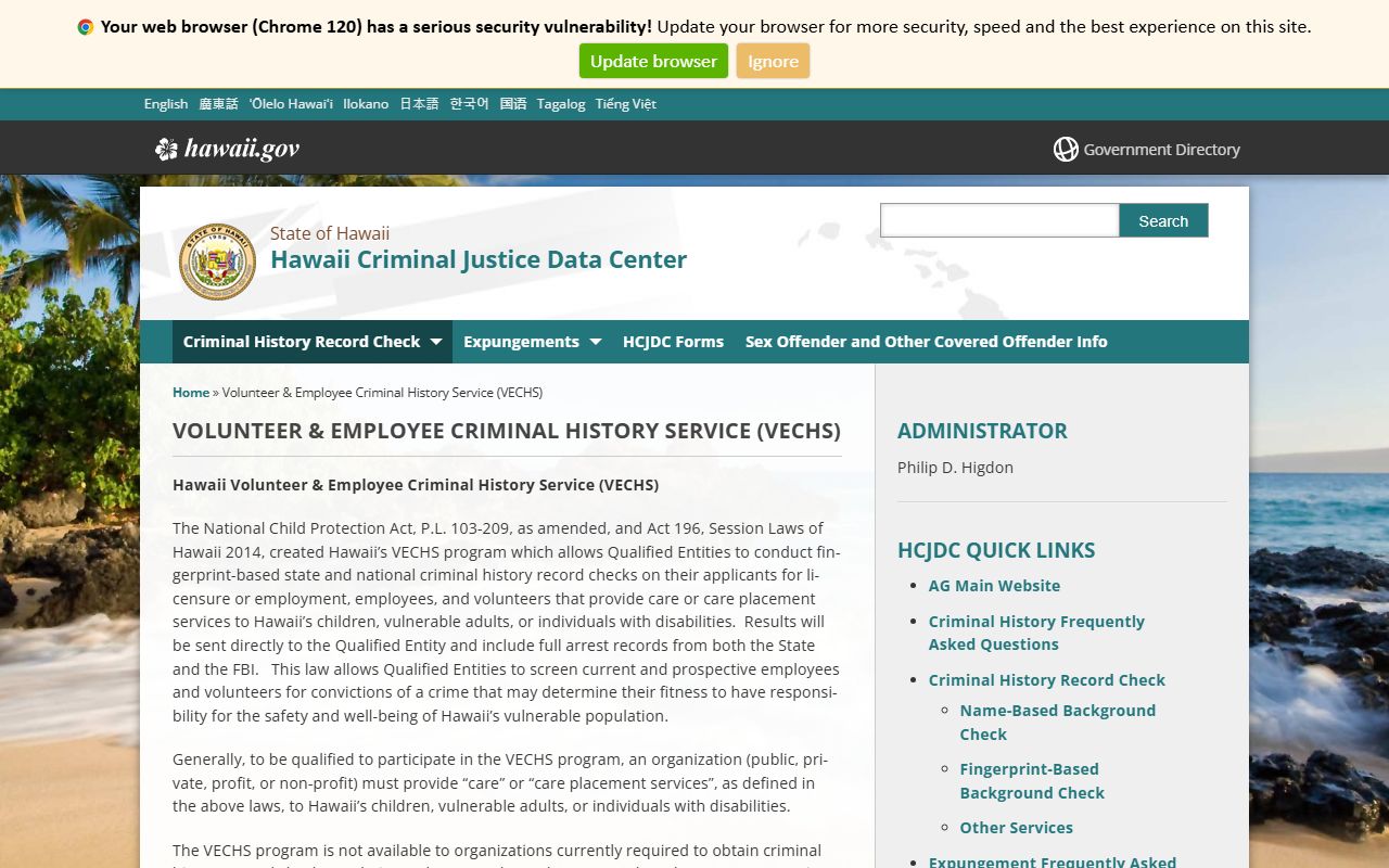 VECHS volunteer employee criminal history service Hawaii